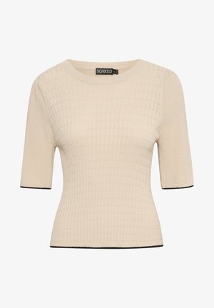 Beež kudumisega lühikeste varrukatega topp, millel on tekstureeritud soonikustruktuur ja must äär kaelaauku ning varrukatele. Igapäevane disain.