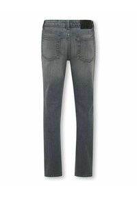 Szare dżinsy o slim fit, z gładką teksturą, pięcioma kieszeniami i czarną skórzaną naszywką w pasie.