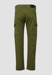 Cargo-Hosen aus olivgrünem Baumwollmischgewebe mit Seitentaschen, Gesäßtaschen und geradem Bein mit Steppakzenten.