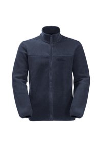 Marinblå fleecejacka med full dragkedja, hög krage, långa ärmar och diskret bröstlogga på vänster sida.