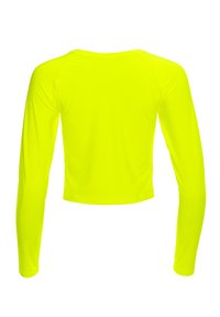 Langärmliges, kurzes Hemd in leuchtendem Neon-Gelb. Glatte Textur mit taillierter Passform und rundem Ausschnitt. Keine sichtbaren Muster oder Akzente.
