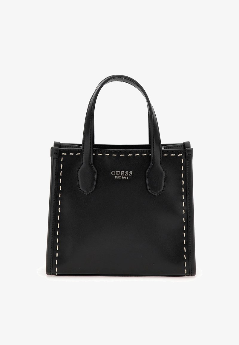 Sac à main en cuir noir avec un design structuré, des poignées supérieures, des coutures contrastées et un logo en relief sur le devant.