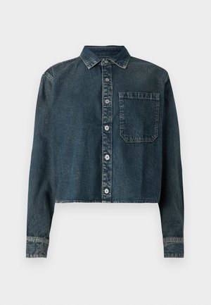 Denim gekropte shirt in donkerblauw. Bevat een puntige kraag, knoopsluiting, lange mouwen en een borstzak met een gestructureerde afwerking.