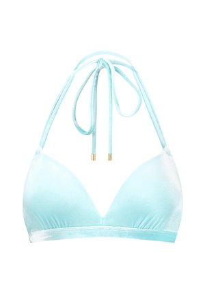 Jasnoniebieski biustonosz bikini o trójkątnym kształcie, miękkiej welurowej teksturze i cienkich ramiączkach zawiązywanych za szyją. Podkreślony złotymi detalami.