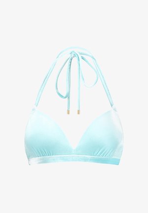 Světle modrý bikiny top ve tvaru trojúhelníku, jemná sametová textura a tenké pásky uvázané za krkem. Ozdobený zlatým kováním.