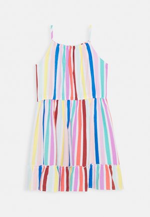 Ärmelloses Kleid mit dünnen Trägern und vertikalen Streifen in Pastellgelb, Blau, Rosa, Rot und Grün, mit einem gerafften Saum.