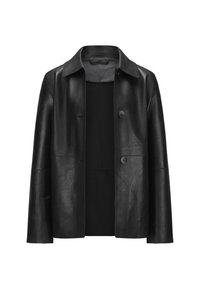Schwarze Lederjacke mit Kragen, zwei Knöpfen und einem lockeren Schnitt. Glatte Textur mit sichtbaren Nähakzenten.