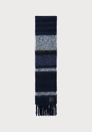 Navy striped scarf in soft material features horizontal stripes of varying shades, ending with fringed edges and a small black label.