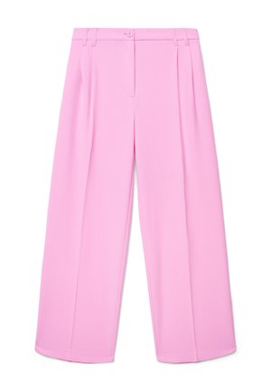 Pantalon à jambes larges de couleur rose vif, avec un tissu lisse, des plis sur le devant, une fermeture à bouton, et des ourlets nets.