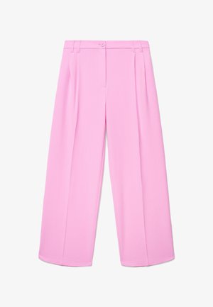 Wide-legged trousers in bright pink, featuring a smooth fabric, front pleats, a button closure, and clean-cut hems.