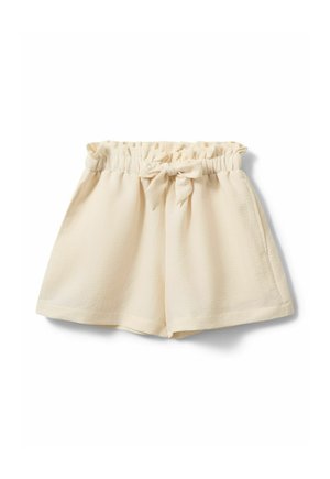 Pantaloncini in tessuto color crema con texture, con vita elasticizzata e un fiocco decorativo annodato al centro davanti.