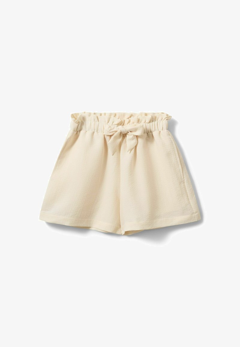 Shorts en tissu texturé de couleur crème avec une taille élastique et un nœud décoratif noué au centre avant.