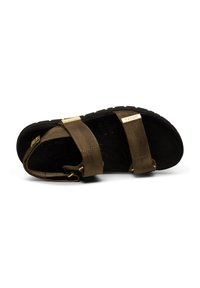 Brown sandal with two textured straps, metal accents, and a black sole. Features a contoured footbed for support and comfort.