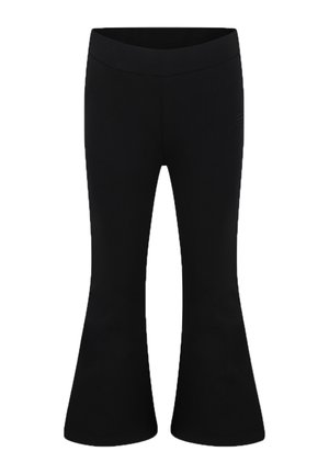 Pantaloni neri a zampa d'elefante realizzati in tessuto elasticizzato, dotati di una vita ampia e di un design pulito senza hardware visibili o pattern.