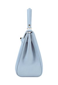 Sac à main en cuir bleu clair avec une surface texturée, de forme triangulaire, et une seule anse avec des accents en matériel doré.