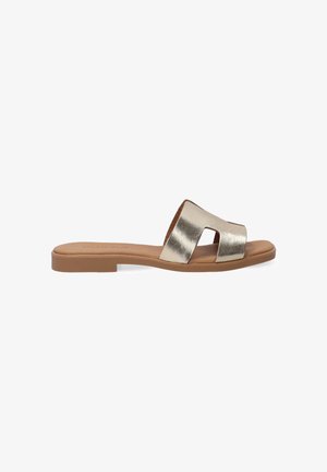 Sandale à glisser dorée métallique avec deux straps découpés, semelle plate marron et texture en cuir lisse. Design simple et moderne, sans embellissements.