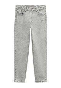 Ljusgrå denimjeans med hög midja, fem fickor, knapp- och dragkedjestängning, samt lätt slitagedetalj på höger lår.