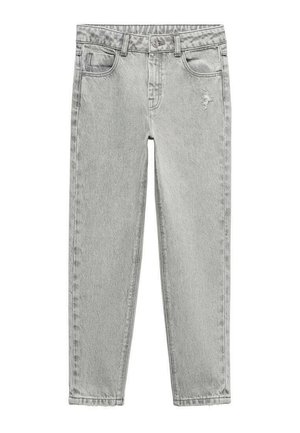 Lysegrå denim jeans med høj talje, fem lommer, knap- og lynlåslukning samt let slidte detaljer på højre lår.