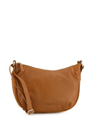 Brown leather crossbody bag with a smooth texture, zip closure, and adjustable strap. Features a subtle logo on the front.