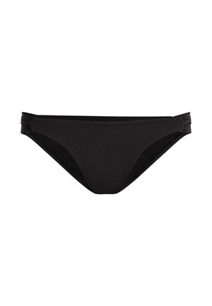 Mustast bikini altosahtlist, mis on sileda tekstuuriga, keskmise kõrgusega vöökohaga ja kogutud külgede detailidega, pakkudes minimalistlikku disaini ja mugavat istuvust.