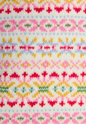 Strickstoff mit einem bunten Muster aus rosa, rot, grün, gelb und blauen Formen auf einem cremefarbenen Hintergrund, ergänzt durch kleine geometrische Designs.