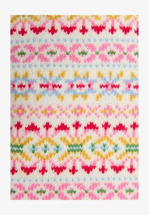 Strickstoff mit einem bunten Muster aus rosa, rot, grün, gelb und blauen Formen auf einem cremefarbenen Hintergrund, ergänzt durch kleine geometrische Designs.