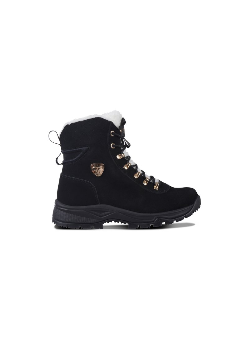 Botas de senderismo de ante negro con cuello de forro polar, herrajes dorados y suela de goma resistente. Diseño con cordones y una tira en la parte posterior para tirar.