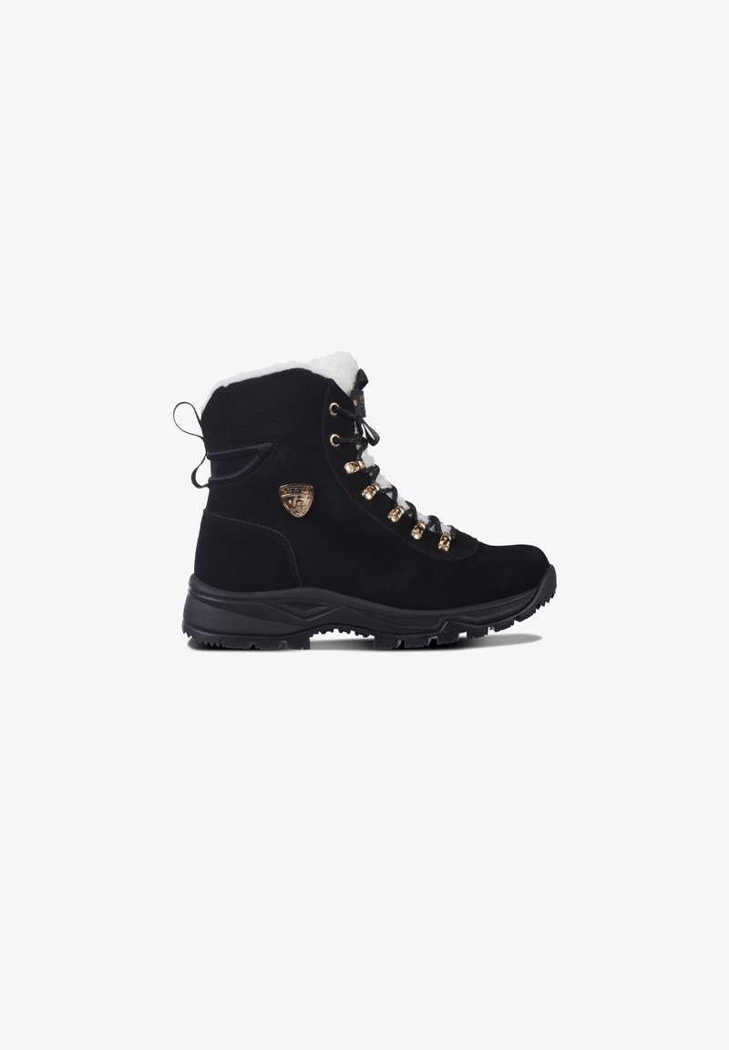 Black suede hiking boots with a fleece collar, gold hardware, and a rugged rubber sole. Laced design with a pull tab at the back.