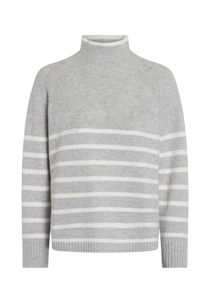 Gray turtleneck sweater made of soft material, featuring white horizontal stripes, ribbed cuffs, and a relaxed fit design.