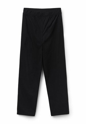 Pantalons noirs mi-hauts avec une taille élastique et une coupe droite. Texture de tissu lisse, sans motifs ni accessoires visibles.