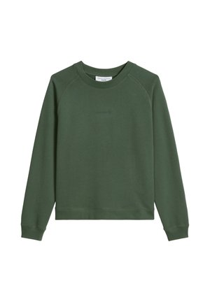Donkergroene sweatshirt met lange mouwen en een ronde hals, voorzien van geribbelde boorden bij de mouwen en zoom, met een subtiel geborduurd logo op de voorkant.