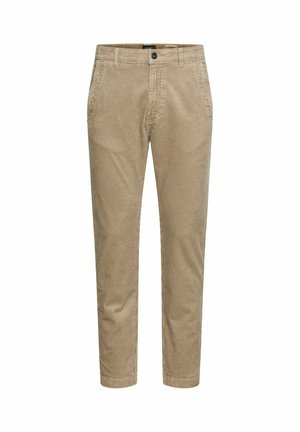 Beige cordbukser med lige ben, bæltestropper, frontknap, lynlås og sidelommer, vist på hvid baggrund.