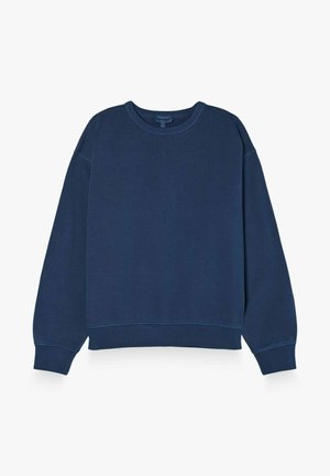 Sweatshirt marin à col rond avec des manches longues, fabriqué en tissu doux. Features des poignets et un ourlet côtelés, surface lisse avec des détails de couture minimaux.