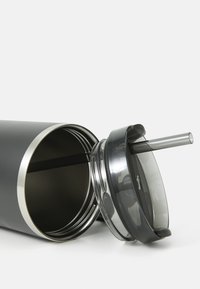 Insulated stainless steel travel mug, matte black exterior, silver rim, clear lid with straw opening, sleek cylindrical shape, no visible branding.