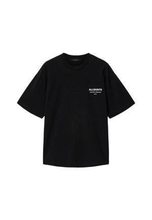 Black short-sleeve crew neck t-shirt with white "ALLSAINTS SEND ME A POSTCARD LONDON" text on left chest.