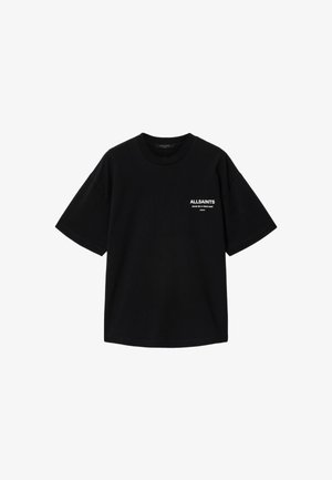 Black short-sleeve crew neck t-shirt with white "ALLSAINTS SEND ME A POSTCARD LONDON" text on left chest.