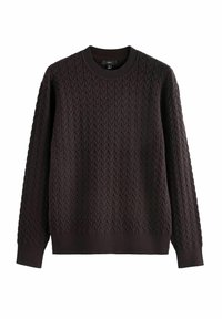 Ciemnobrązowy sweter dziany z teksturowanym wzorem w warkocze, okrągłym dekoltem oraz prążkowanymi mankietami i dołem. Wykonany z miękkiego, teksturowanego materiału.