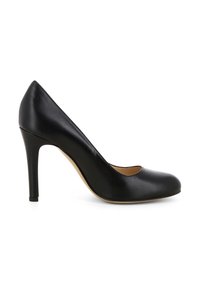 Pompa con tacco alto in pelle nera, con punta arrotondata, silhouette elegante e texture liscia. Presenta un tacco sottile e una fodera beige.