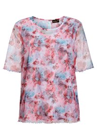 Bluse mit Blumenmuster, halbtransparent, mit kurzen Ärmeln in den Farben Rosa, Blau und Lila. Der gewellte Saum verleiht dem Design eine besondere Note.