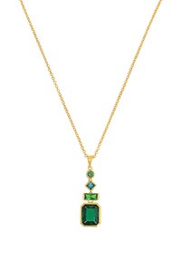 Collana d'oro con pendente geometrico, decorata con due pietre verdi a taglio smeraldo e due accenti rotondi verdi e blu, con catena testurizzata.