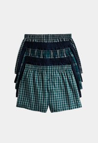 Juego de calzoncillos en varios colores, incluyendo azul marino y verde. Algunos pares con patrones de cuadros, cinturillas elásticas para mayor comodidad.