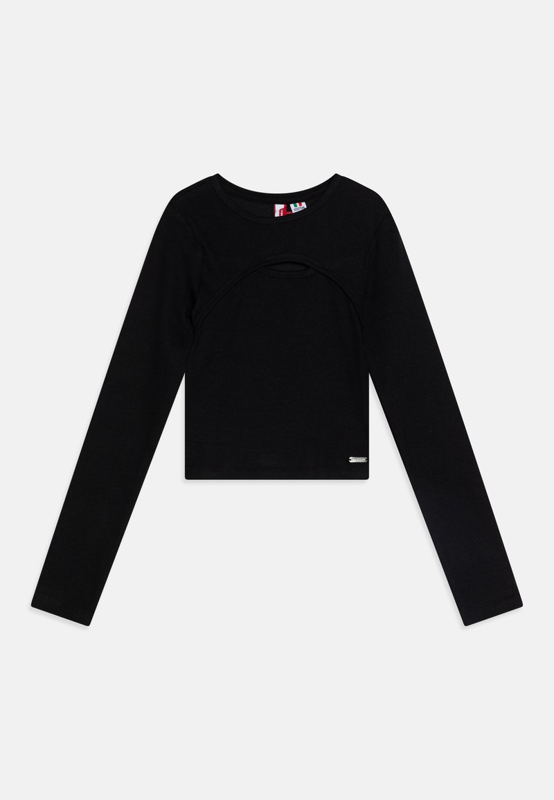 Crop top nero a maniche lunghe con scollatura rotonda, caratterizzato da un design con apertura curvata nella parte anteriore e un piccolo etichetta logo sull'orlo.