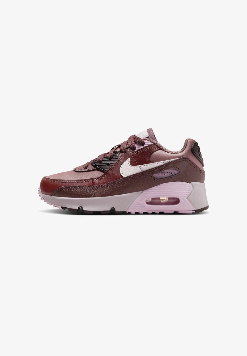 Maroon and pink Nike Air Max sneakers feature a smooth synthetic upper, textured accents, lace-up closure, and visible air cushioning.