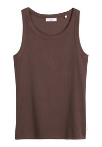 Braunes Tanktop aus geripptem Stoff. Mit Rundhalsausschnitt und weiten Armausschnitten. Etikett mit Markenlabel am Ausschnitt sichtbar.