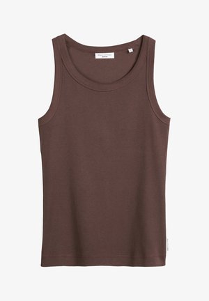 Débardeur marron en tissu côtelé. Présente un col rond et des emmanchures larges. Étiquette avec le logo de la marque visible au niveau du col.