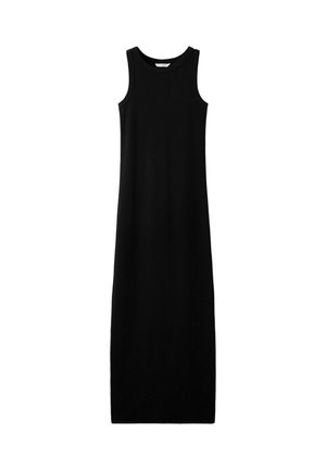 Čierne šaty bez rukávov, dĺžky po členky, s okrúhlym výstrihom a rovnou siluetou, zobrazené na bielom pozadí.
