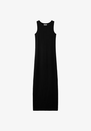 Čierne šaty bez rukávov, dĺžky po členky, s okrúhlym výstrihom a rovnou siluetou, zobrazené na bielom pozadí.