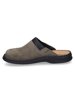 Gray suede slip-on shoe with a black leather accent, rounded toe, stitched detailing, and a cushioned insole, set on a black rubber sole.