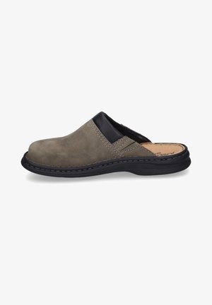 Gray suede slip-on shoe with a black leather accent, rounded toe, stitched detailing, and a cushioned insole, set on a black rubber sole.