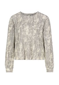 Grauer strukturiertes Langarmshirt mit Rundhalsausschnitt, das ein dezentes weißes abstraktes Muster und elastische Bündchen aufweist. Detail mit Schlüssellochausschnitt auf der Rückseite.